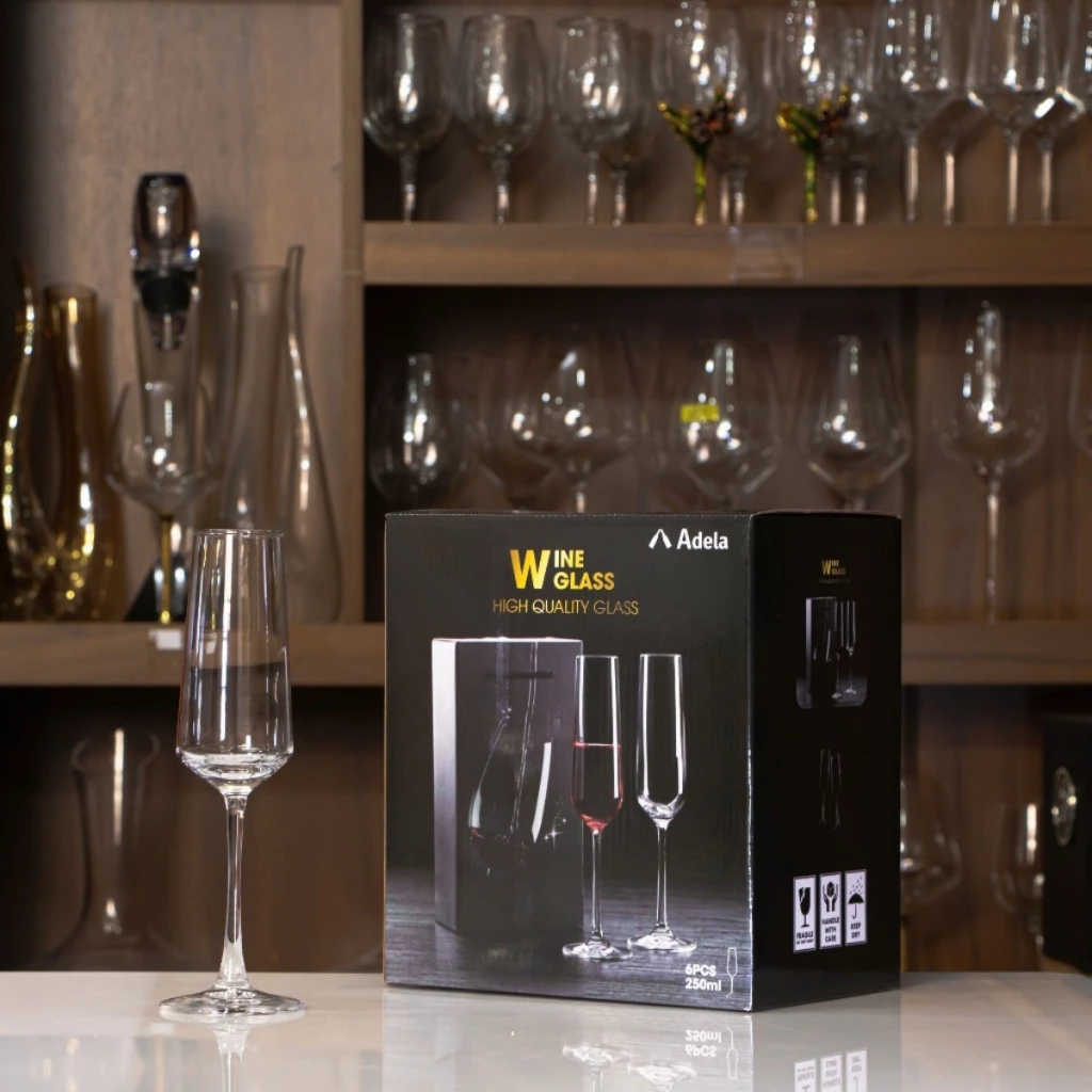 Bộ 6 Ly Thủy Tinh Uống Champagne Adela Cao Cấp Dung Tích 250ml Kèm Hộp Đựng BO3-104