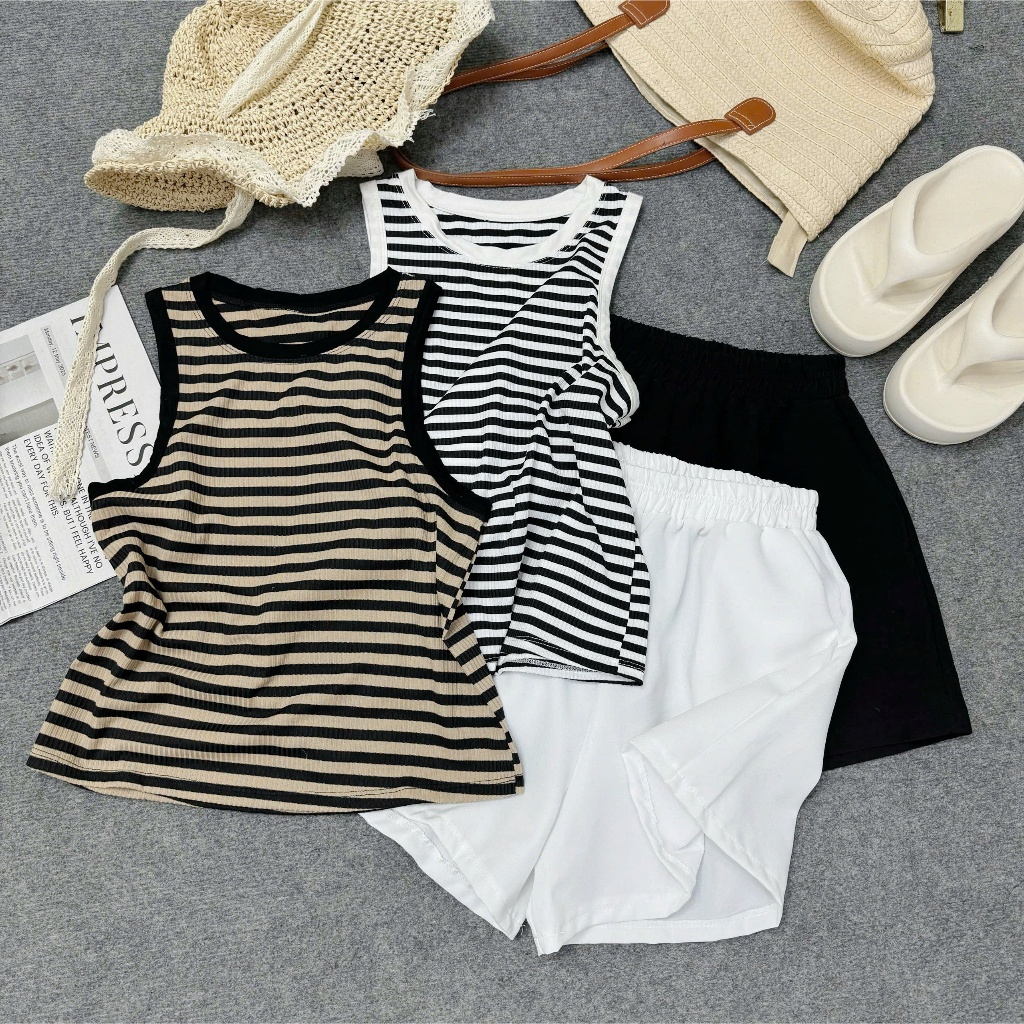 Set Bigsize Nữ Áo Tanktop Kẻ Sọc Trẻ Trung Kết Hợp Quần Short Basic Co Giãn Dễ Mặc 58-95kg G3+Q500