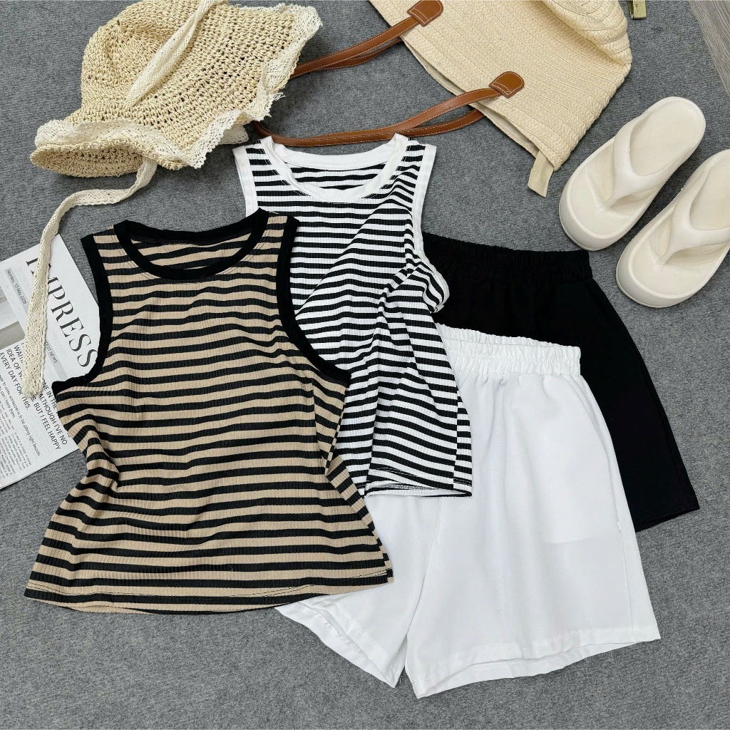 Set Bigsize Nữ Áo Tanktop Kẻ Sọc Trẻ Trung Kết Hợp Quần Short Basic Co Giãn Dễ Mặc 58-95kg G3+Q500