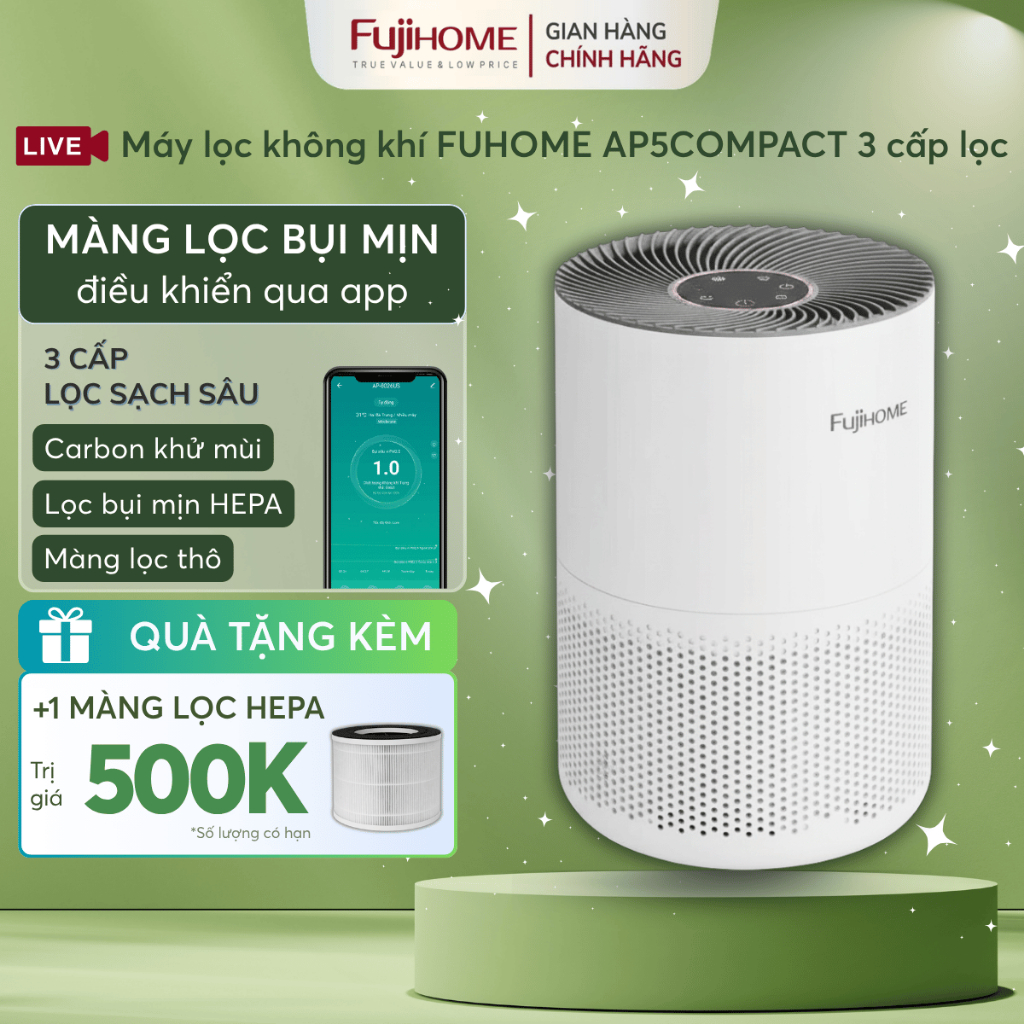 Máy lọc không khí thông minh nhỏ gọn HEPA H13 Nhập Khẩu FUJIHOME AP5COMPACT, máy lọc bụi mịn an toàn
