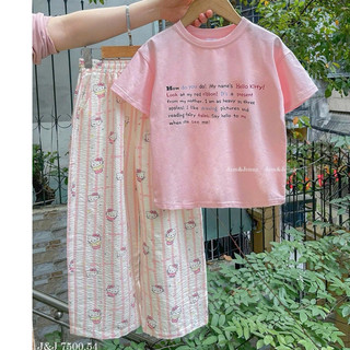 SET ÁO HELLO KITTY HỒNG / XANH PHỐI QUẦN ĐŨI SIÊU CƯNG CHO BÉ 7-12Y | AnhMy Baby