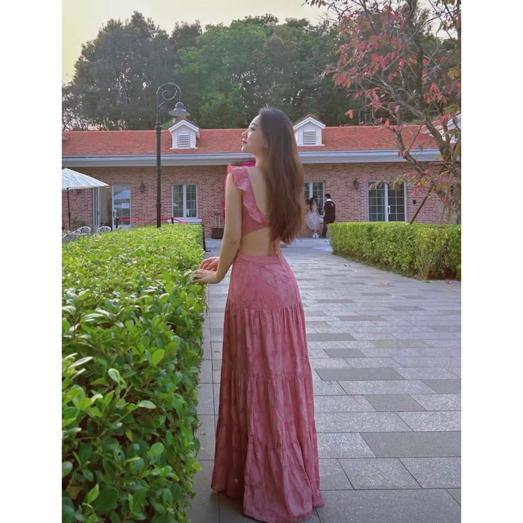 Lulus | Đầm maxi hoa nổi cao cấp hai lớp khoe lưng gợi cảm tôn dáng đi biển đi tiệc đều xinh