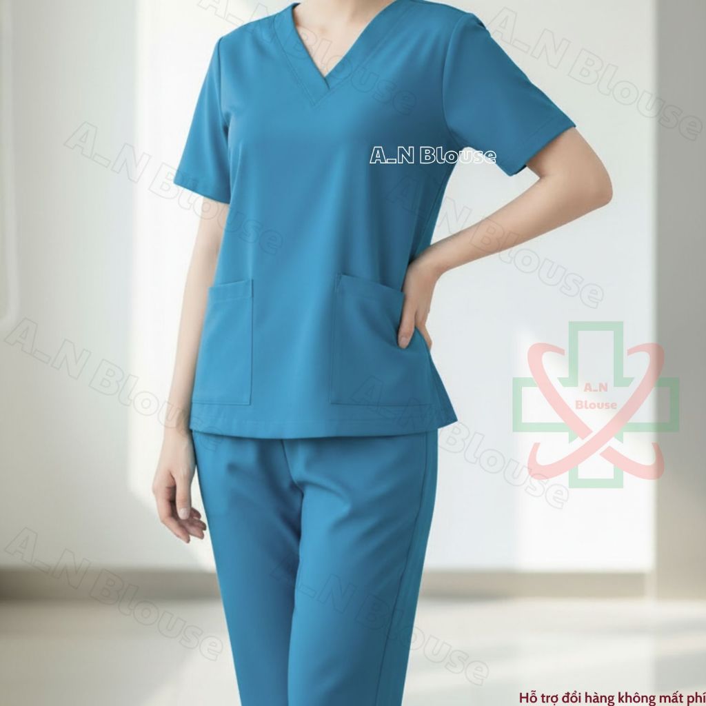 Bộ Scrubs Cotton Hàn - XANH CỔ VỊT - đồng phục kỹ thuật viên phục vụ bệnh viện, phòng khám, spa, thẩm mỹ viện