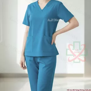 Bộ Scrubs Cotton Hàn - XANH CỔ VỊT - đồng phục kỹ thuật viên phục vụ bệnh viện, phòng khám, spa, thẩm mỹ viện