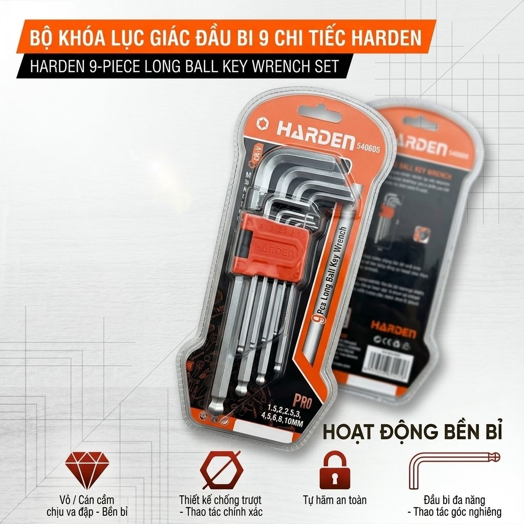 Bộ Lục Giác 9 Chi Tiết Harden 540606 – Thép CR-V Cứng Cáp, Bền Bỉ, Chuẩn Xác