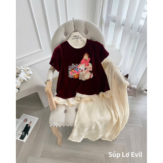 Sét áo nhung the cộc tay lót lụa thêu thỏ cạnh giỏ hoa + quần lụa dáng xuông (2 màu đỏ /đen)