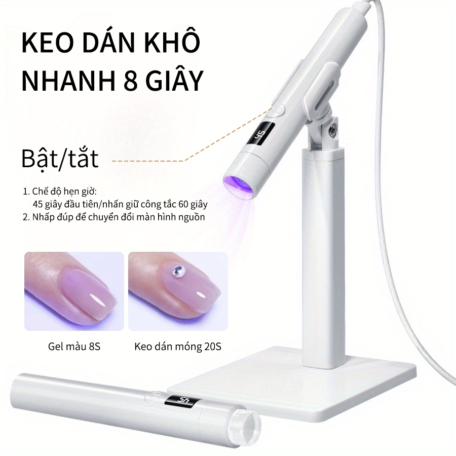 Đèn và giá đỡ làm móng màu trắng và hồng có thể sạc lại, phiên bản USB.