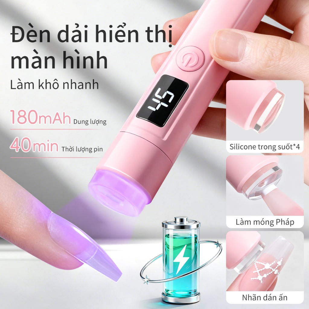 Đèn UV/LED cầm tay màu hồng, sử dụng pin sạc;hoàn hảo cho việc tự làm nghệ thuật vẽ móng.