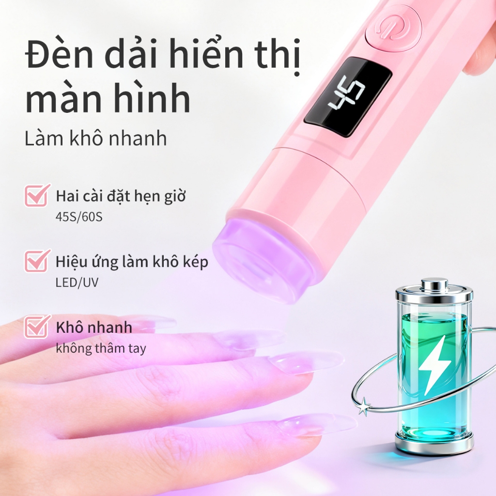 Đèn UV/LED cầm tay màu hồng, sử dụng pin sạc;hoàn hảo cho việc tự làm nghệ thuật vẽ móng.