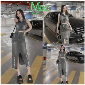 DX_Set đầm váy jean, set nữ cá tính bộ áo Gile cổ bẻ không tay cài nút + chân váy Jean QC xẻ dài