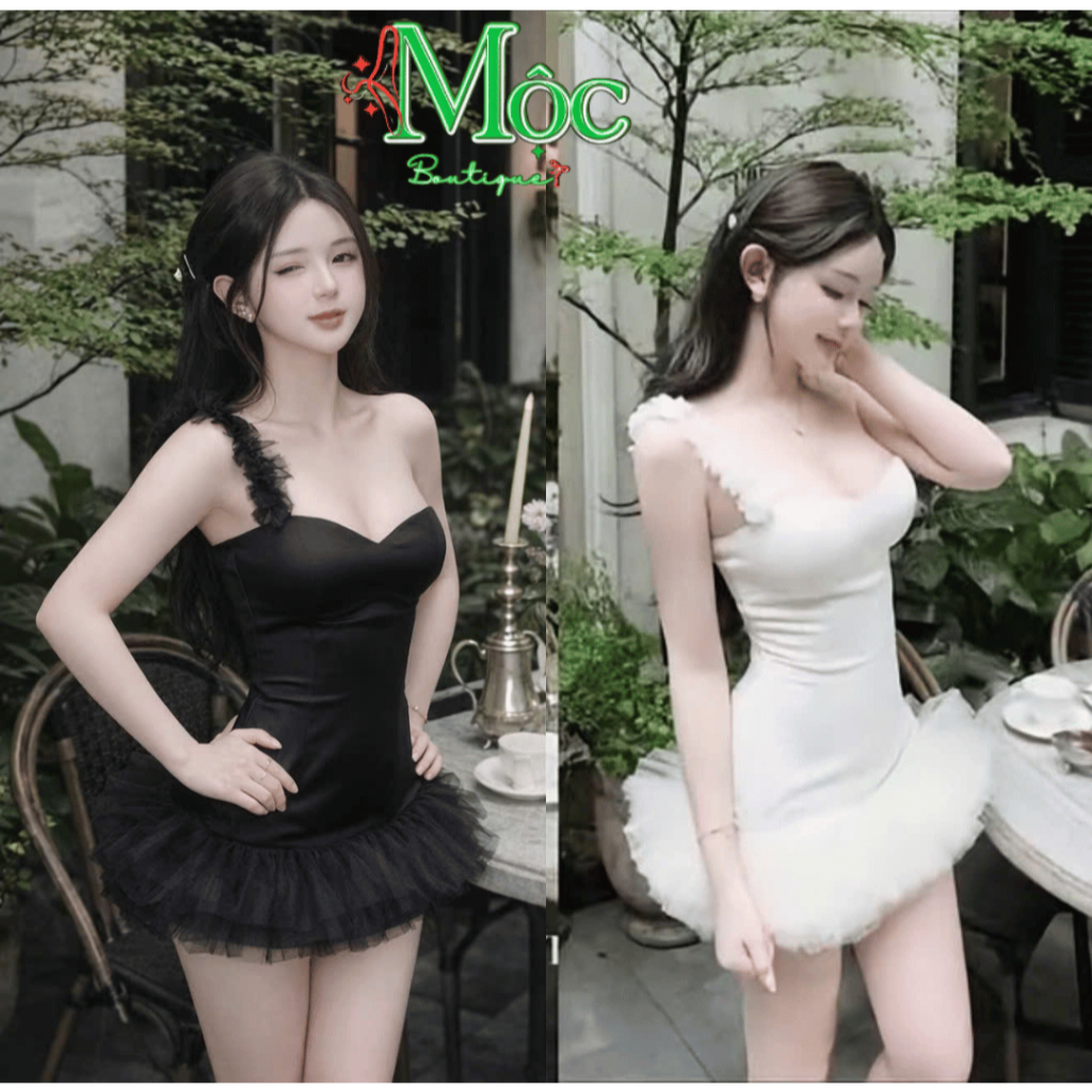 CR_ Đầm váy ngắn, đầm tiểu thư dự tiệc bodydây cúp ngực phối Lưới phồng xoè hoa vai sang trọng