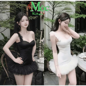 CR_ Đầm váy ngắn, đầm tiểu thư dự tiệc bodydây cúp ngực phối Lưới phồng xoè hoa vai sang trọng
