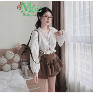 Set váy ngắn, set áo Đũi tay dài phối chân váy hai lớp, áo sơ mi tay bồng rút dây tinh tế thanh lịch