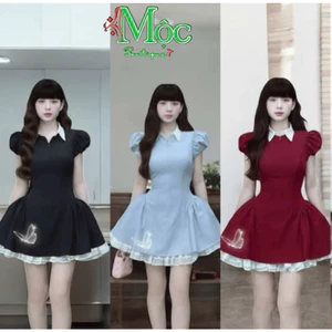 QC_ Đầm váy ngắn, đầm đi tiệc mặc Tết chất Cotton Lạnh dáng ngắn cổ bẻ phối tơ kèm quần