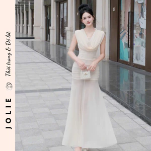 Váy Đầm Dự Tiệc Dáng Dài Thiết Kế Cổ Đổ Phối Chân Váy Voan Xòe Sang Trọng