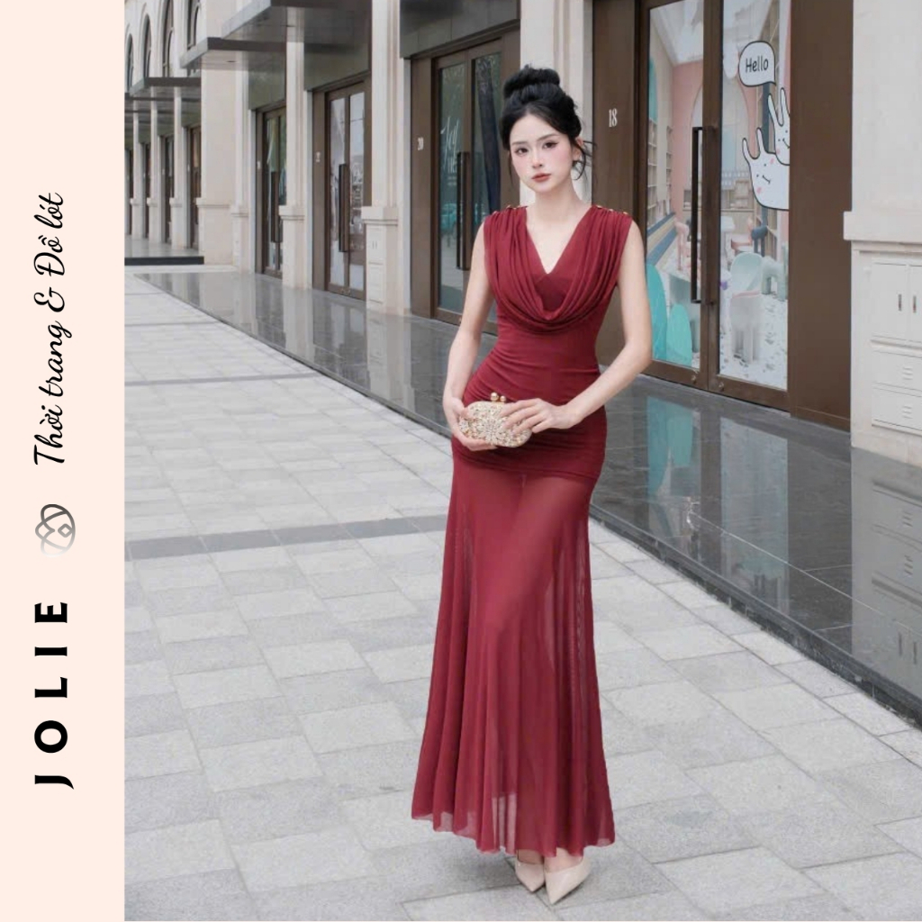 Váy Đầm Dự Tiệc Dáng Dài Thiết Kế Cổ Đổ Phối Chân Váy Voan Xòe Sang Trọng