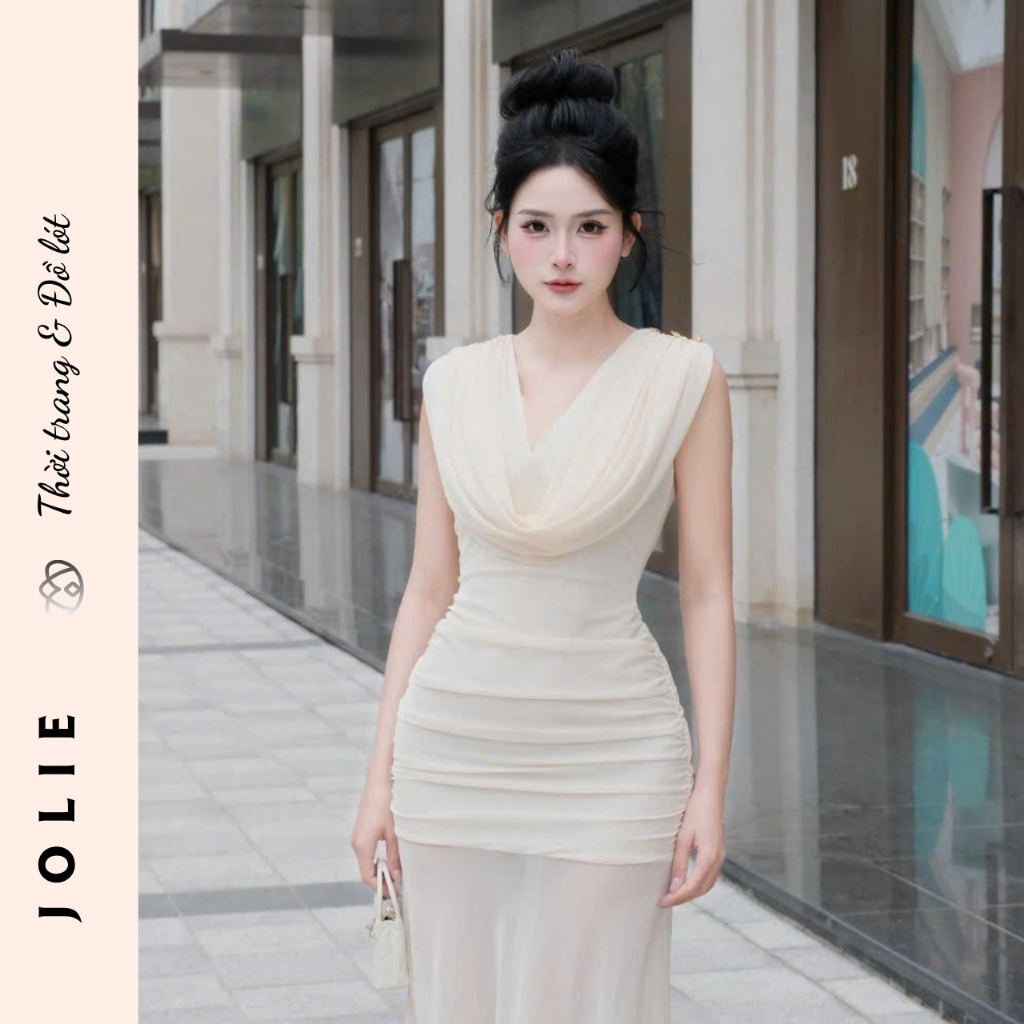 Váy Đầm Dự Tiệc Dáng Dài Thiết Kế Cổ Đổ Phối Chân Váy Voan Xòe Sang Trọng