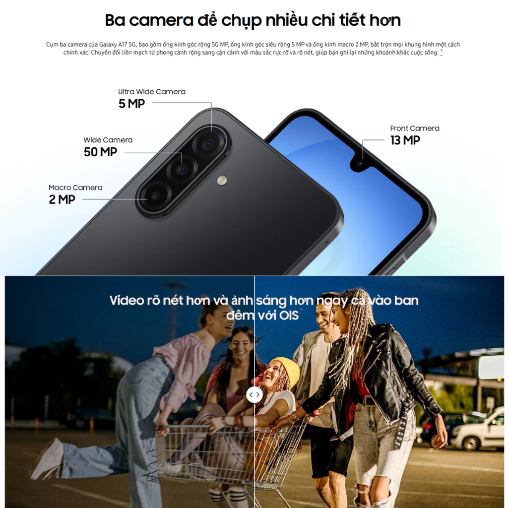 Điện thoại Samsung A17 5G (RAM 8GB + ROM 256GB) màn hình 6.7" FHD+ | Camera chính 50MP | Pin 5000mAh | Hàng chính hãng S