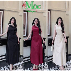 QC_ Đầm váy dài, đầm dạ hội dáng dài chất Tuyết Nhung lệch vai kèm phụ kiện bông rời có mút ngực