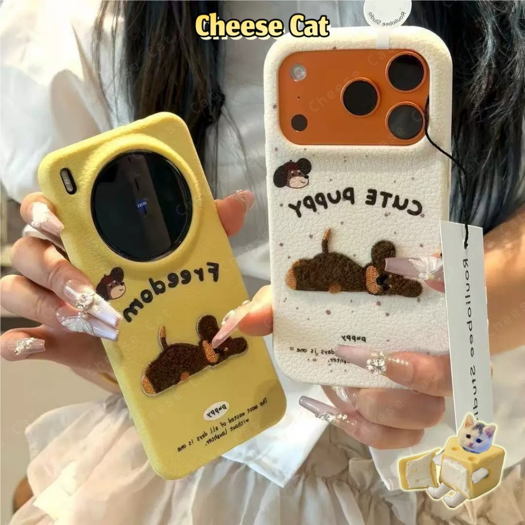 Ốp lưng thêu chấm bi nằm hình chú chó con bằng da dễ thương cho iPhone 17 16 11 12 13 14 15 Pro Max 7 Plus Xs Max XR