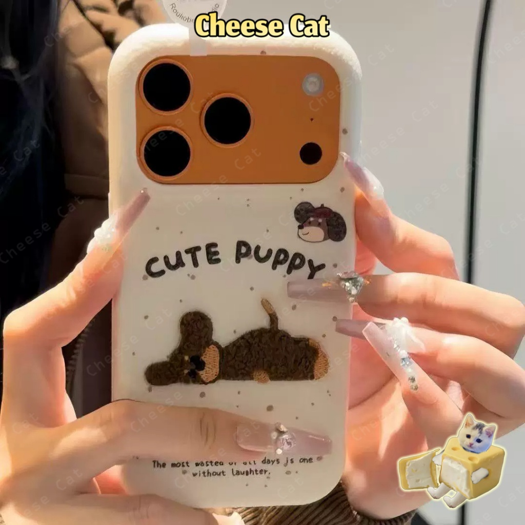 Ốp lưng thêu chấm bi nằm hình chú chó con bằng da dễ thương cho iPhone 17 16 11 12 13 14 15 Pro Max 7 Plus Xs Max XR