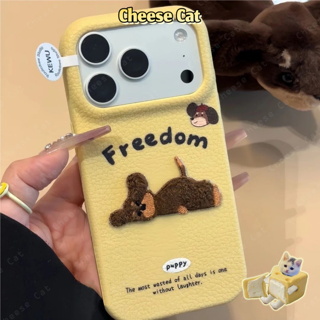 Ốp lưng thêu chấm bi nằm hình chú chó con bằng da dễ thương cho iPhone 17 16 11 12 13 14 15 Pro Max 7 Plus Xs Max XR