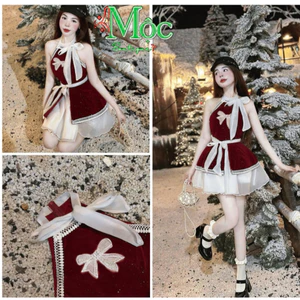 Set váy ngắn, đồ diện thời trang Hot Gấm cổ yếm thêu nơ phối Ren buột dây eo xẻ trước kèm váy ngắn