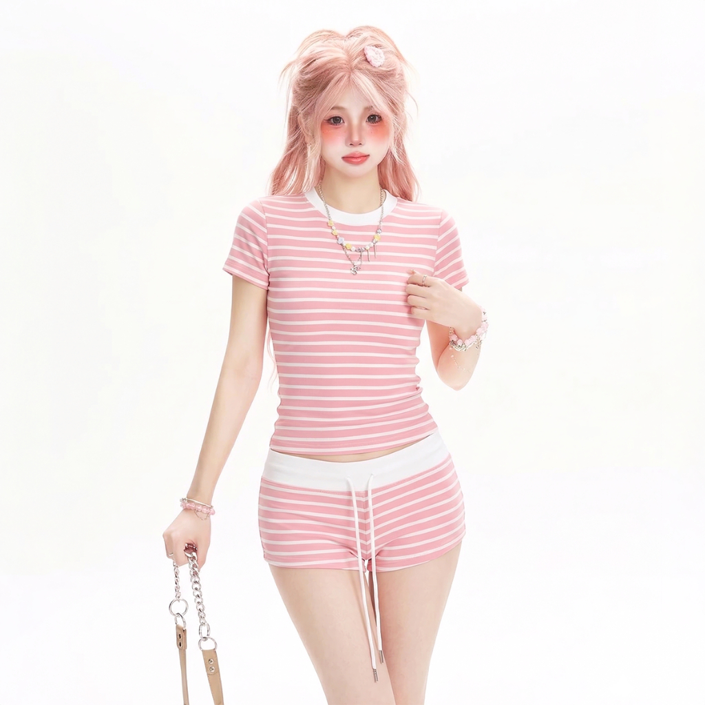 SET Áo Thun Baby Tee Phối Kèm Quần Ngắn Kiểu Kẻ Sọc Năng Động S09777 - SamHi Closet