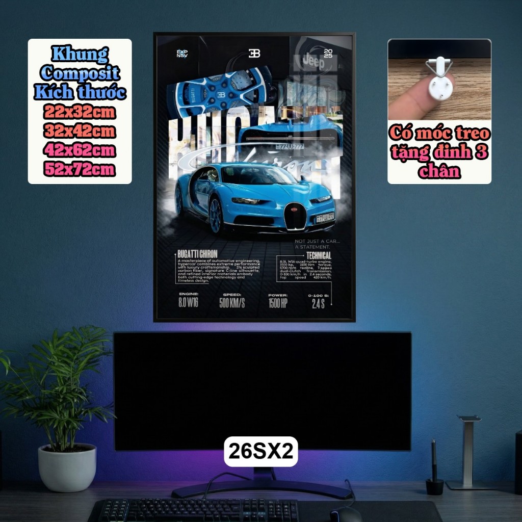 Tranh Poster Siêu Xe 3D Phong Cách Tông Xanh Huyền Bí Tráng Gương Có Khung - Decor Phòng Khách, Phòng Game Cao Cấp