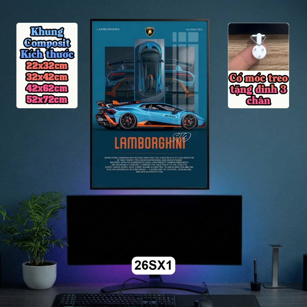 Tranh Poster Siêu Xe 3D Phong Cách Tông Xanh Huyền Bí Tráng Gương Có Khung - Decor Phòng Khách, Phòng Game Cao Cấp