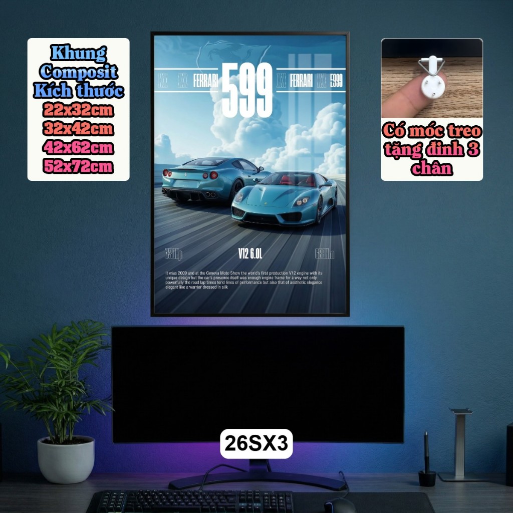Tranh Poster Siêu Xe 3D Phong Cách Tông Xanh Huyền Bí Tráng Gương Có Khung - Decor Phòng Khách, Phòng Game Cao Cấp