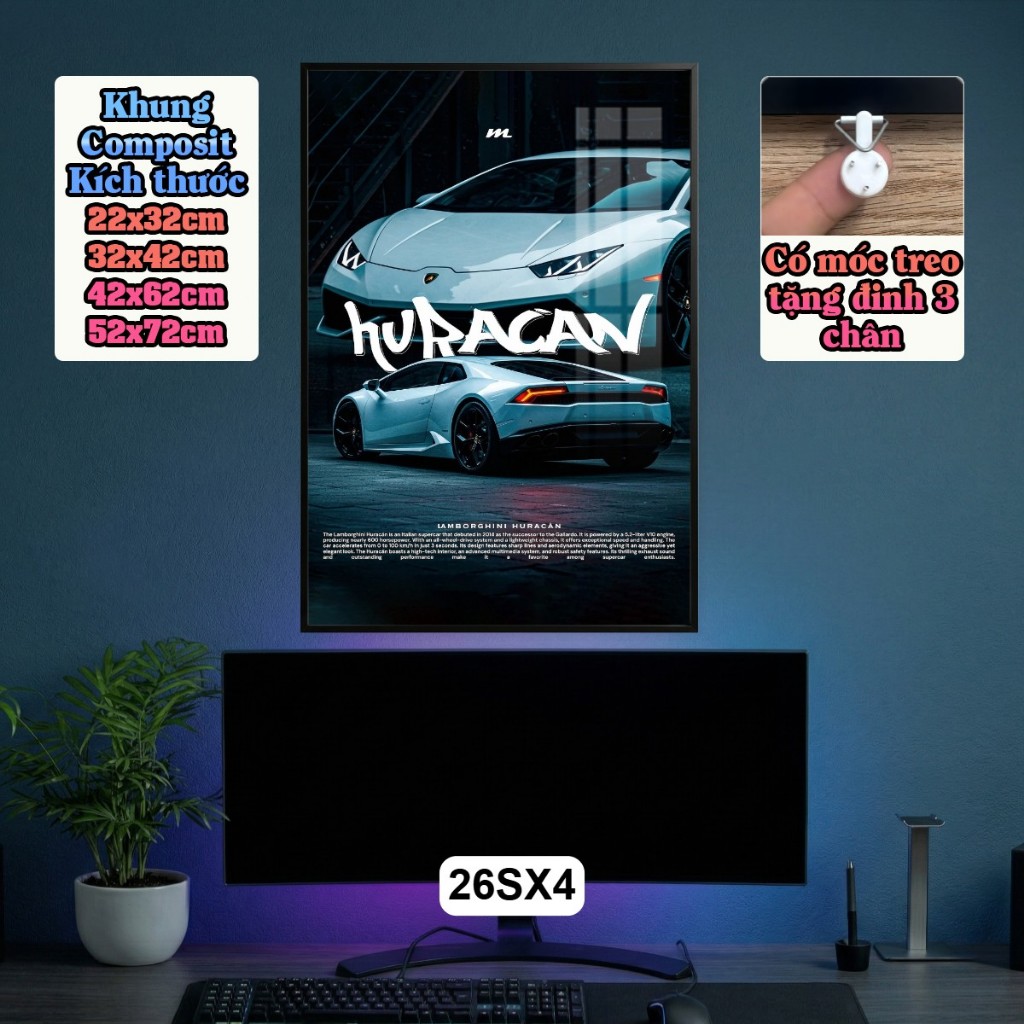 Tranh Poster Siêu Xe 3D Phong Cách Tông Xanh Huyền Bí Tráng Gương Có Khung - Decor Phòng Khách, Phòng Game Cao Cấp