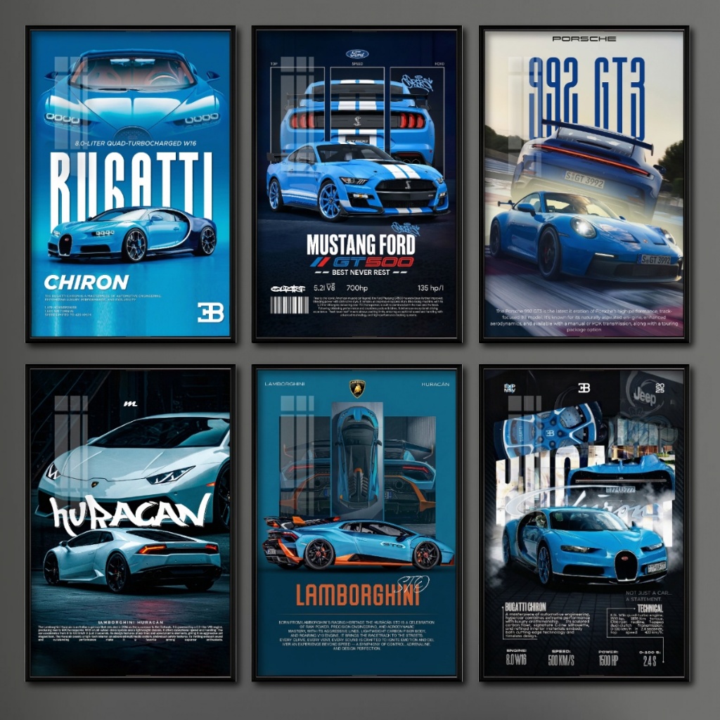 Tranh Poster Siêu Xe 3D Phong Cách Tông Xanh Huyền Bí Tráng Gương Có Khung - Decor Phòng Khách, Phòng Game Cao Cấp