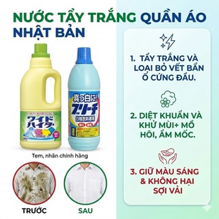 Nước Tẩy Trắng Vết Bẩn, Ố Vàng Quần Áo Rocket Nội Địa Nhật Bản 600ml An Toàn, Dung Dịch Tẩy Trắng Quần Áo, Châm Kim