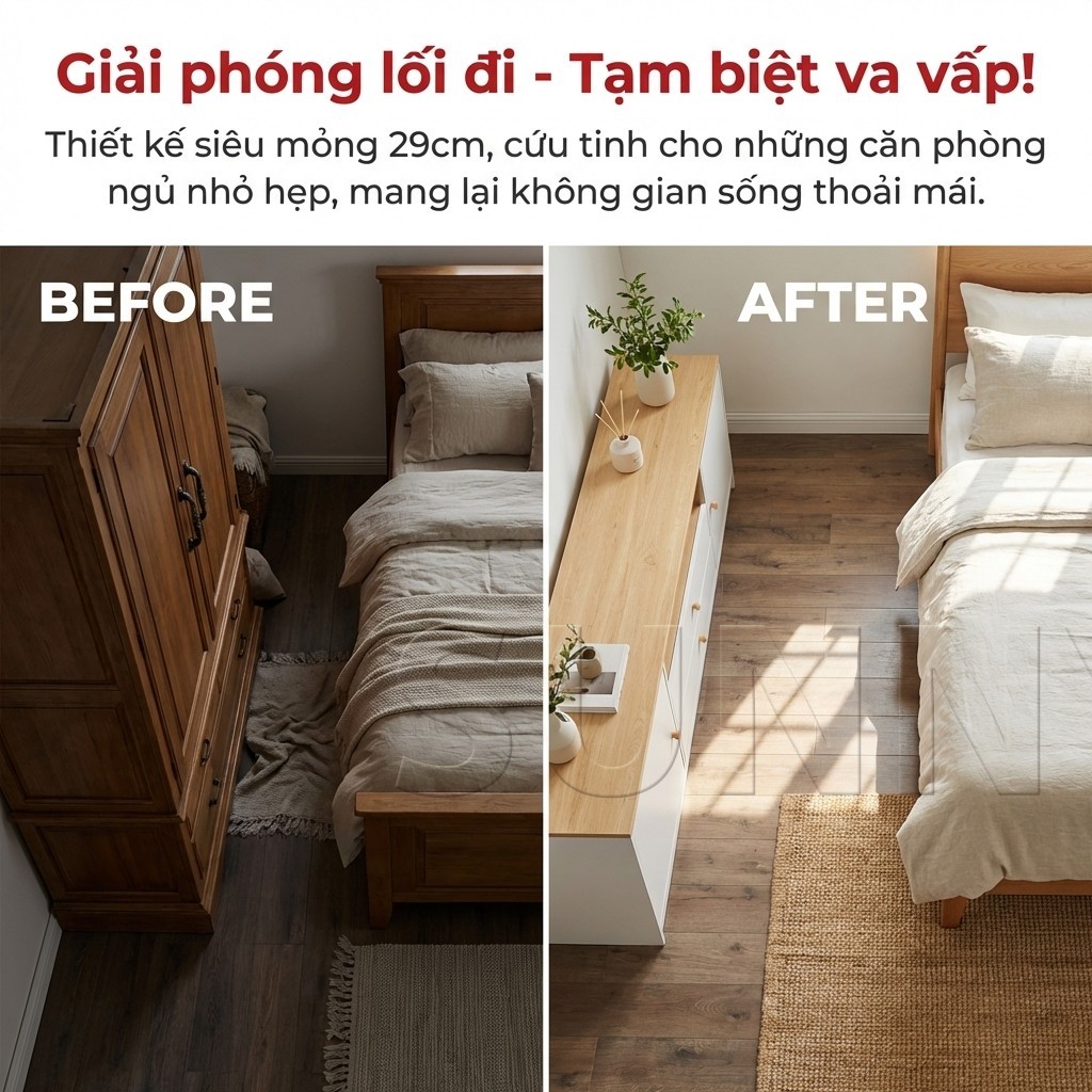 Sunny Tủ Đuôi Giường Tủ Phòng Ngủ 2 Cánh 2 Ngăn Kéo Sâu 29cm Cho Phòng Ngủ Nhỏ Gọn Đẹp