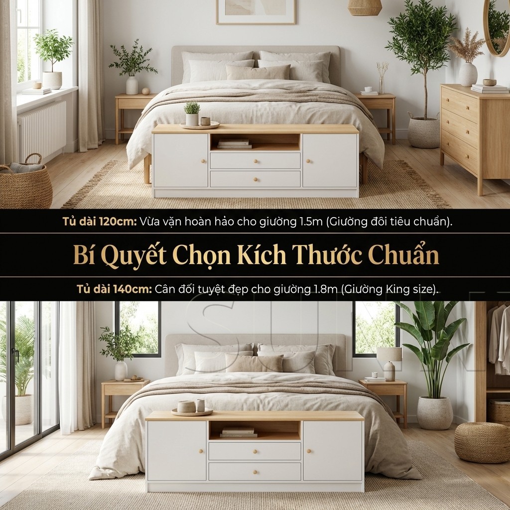 Sunny Tủ Đuôi Giường Tủ Phòng Ngủ 2 Cánh 2 Ngăn Kéo Sâu 29cm Cho Phòng Ngủ Nhỏ Gọn Đẹp
