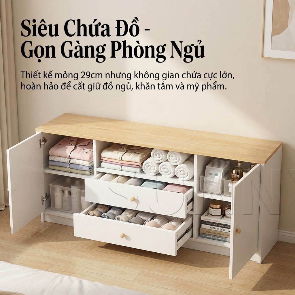 Sunny Tủ Đuôi Giường Tủ Phòng Ngủ 2 Cánh 2 Ngăn Kéo Sâu 29cm Cho Phòng Ngủ Nhỏ Gọn Đẹp
