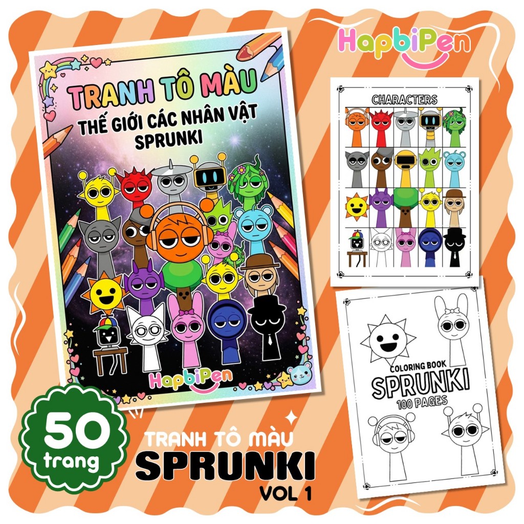 Bộ Tranh tô màu Sprunki cho bé với 50 trang nhân vật hoạt hình Sprunki và những người bạn Vol1 TTM08