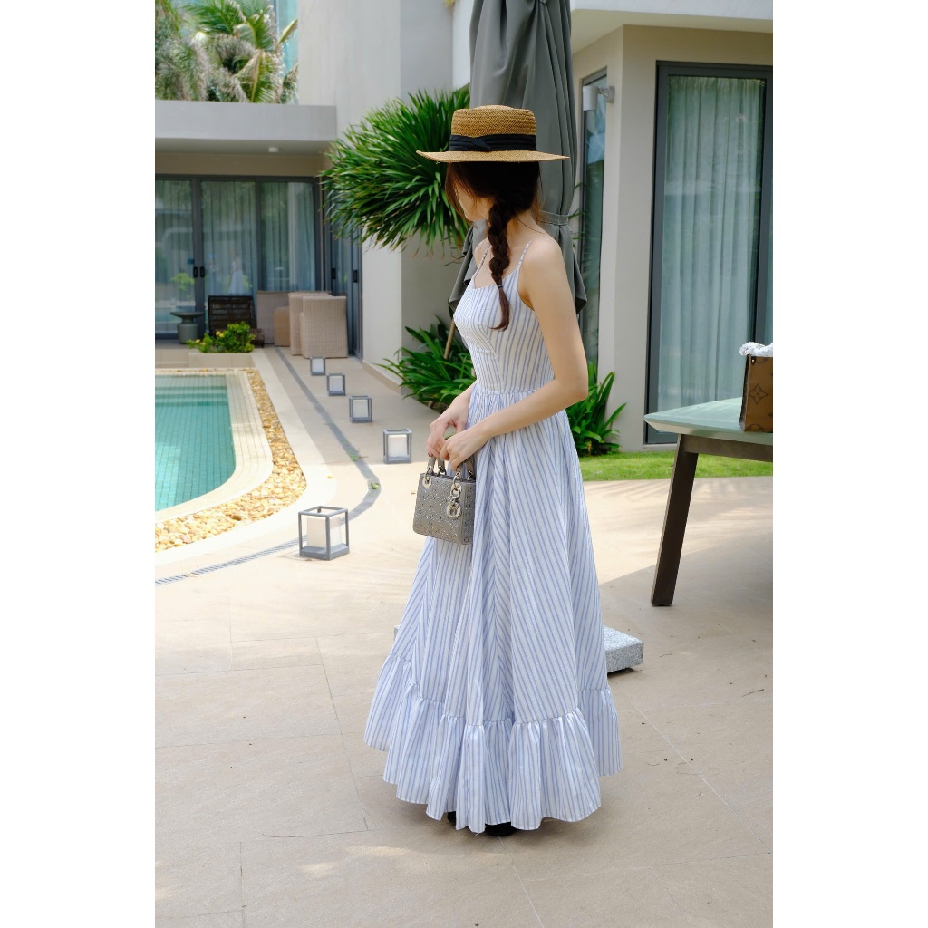 Mery dress váy hai dây họa tiết sọc tùng phồng dáng lửng