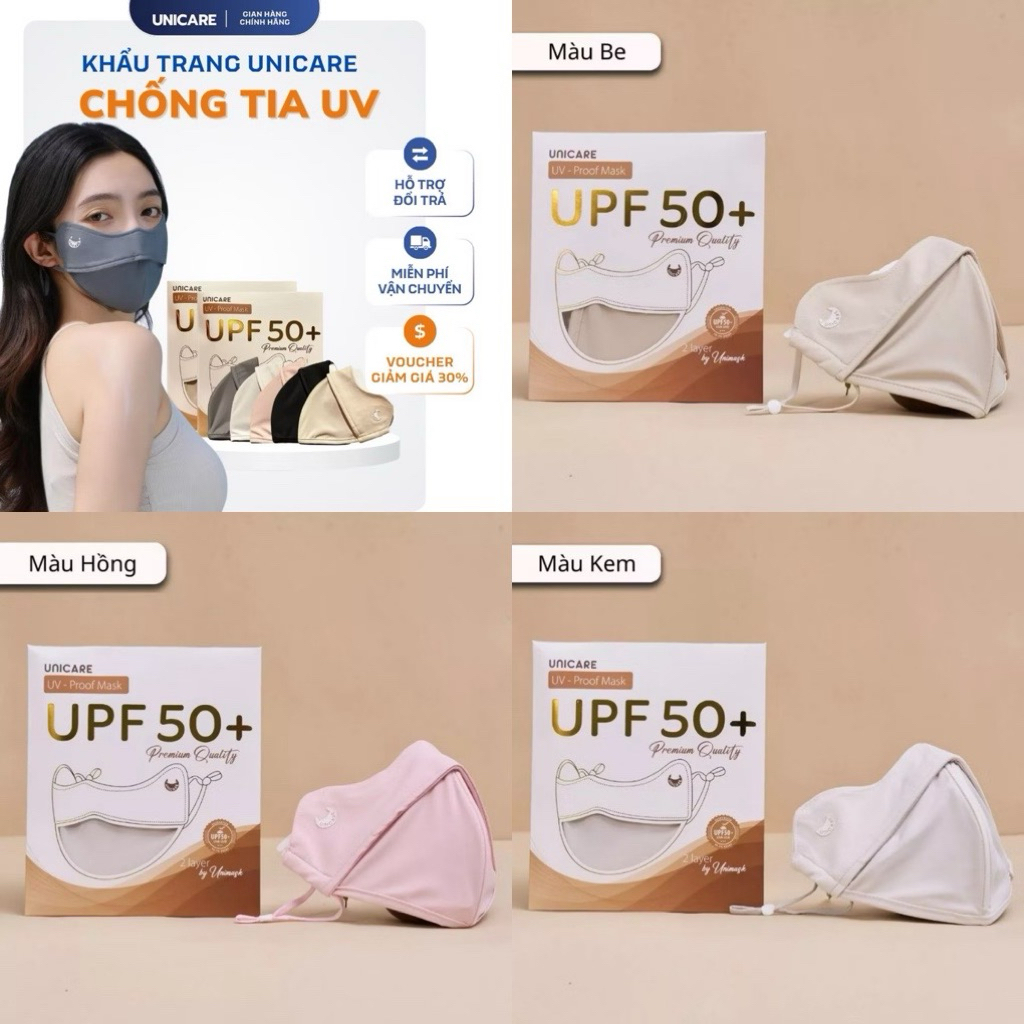 [Combo 3 chiếc] Khẩu trang UV-Proof UniCare chính hãng, vải mềm mịn, chống nắng, chống UV 99%