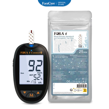 [ForaCare] Máy Đo Đường Huyết FORA – Bộ Kèm 25 Que Thử Đo Đường Huyết, Hematocrit & Hemoglobin (3 Trong 1: BG, HCT, HB)