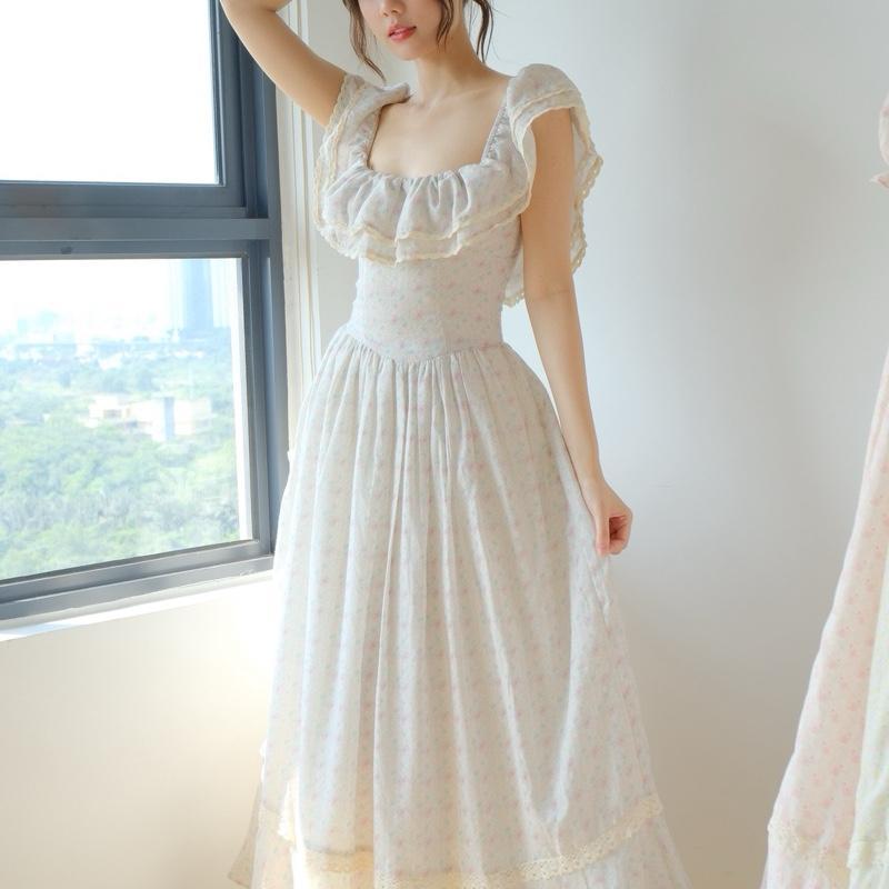 Larose Dress Trễ Vai Dáng Dài Vải Cotton Vintage Phong Cách Thời Trang Độc Đáo Cho Nhiều Dịp