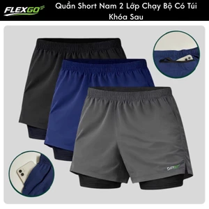 Quần Short Nam Flexgo 2 Lớp Chạy Bộ Có Túi Khóa Sau Quần Thể Thao Gym Co Giãn, Nhanh Khô, Đựng Điện Thoại