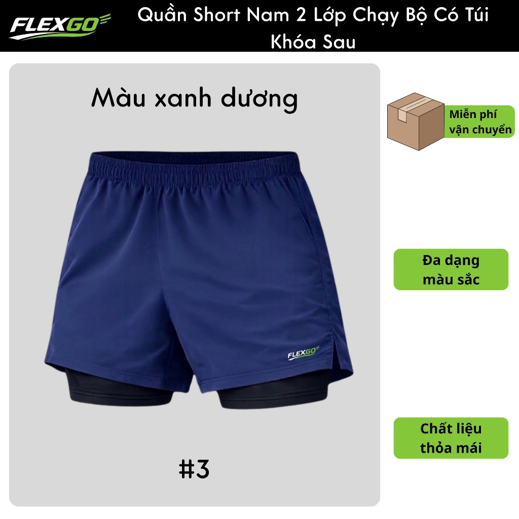 (Hỏa tốc HCM) Quần Short Nam Flexgo 2 Lớp Chạy Bộ Có Túi Khóa Sau  Quần Thể Thao Gym Co Giãn, Nhanh Khô, Đựng Điện Thoại