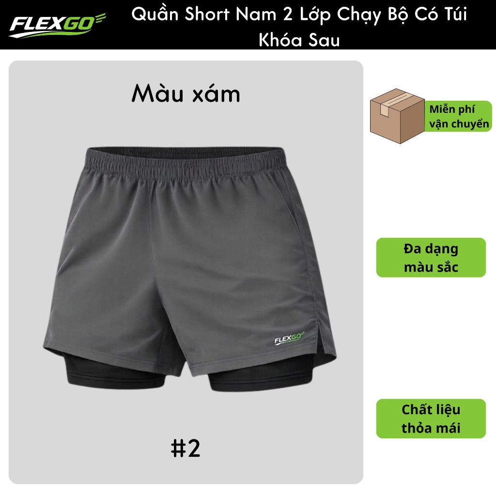 (Hỏa tốc HCM) Quần Short Nam Flexgo 2 Lớp Chạy Bộ Có Túi Khóa Sau  Quần Thể Thao Gym Co Giãn, Nhanh Khô, Đựng Điện Thoại