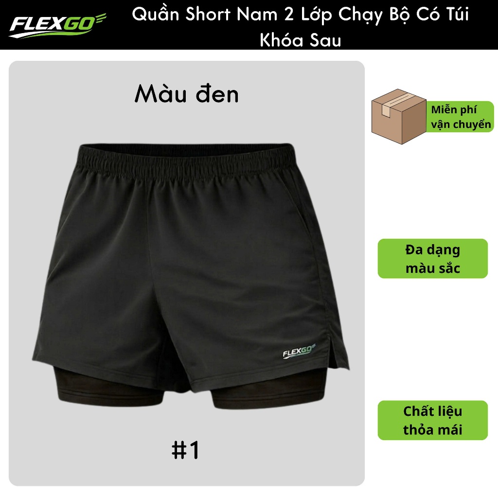 (Hỏa tốc HCM) Quần Short Nam Flexgo 2 Lớp Chạy Bộ Có Túi Khóa Sau  Quần Thể Thao Gym Co Giãn, Nhanh Khô, Đựng Điện Thoại