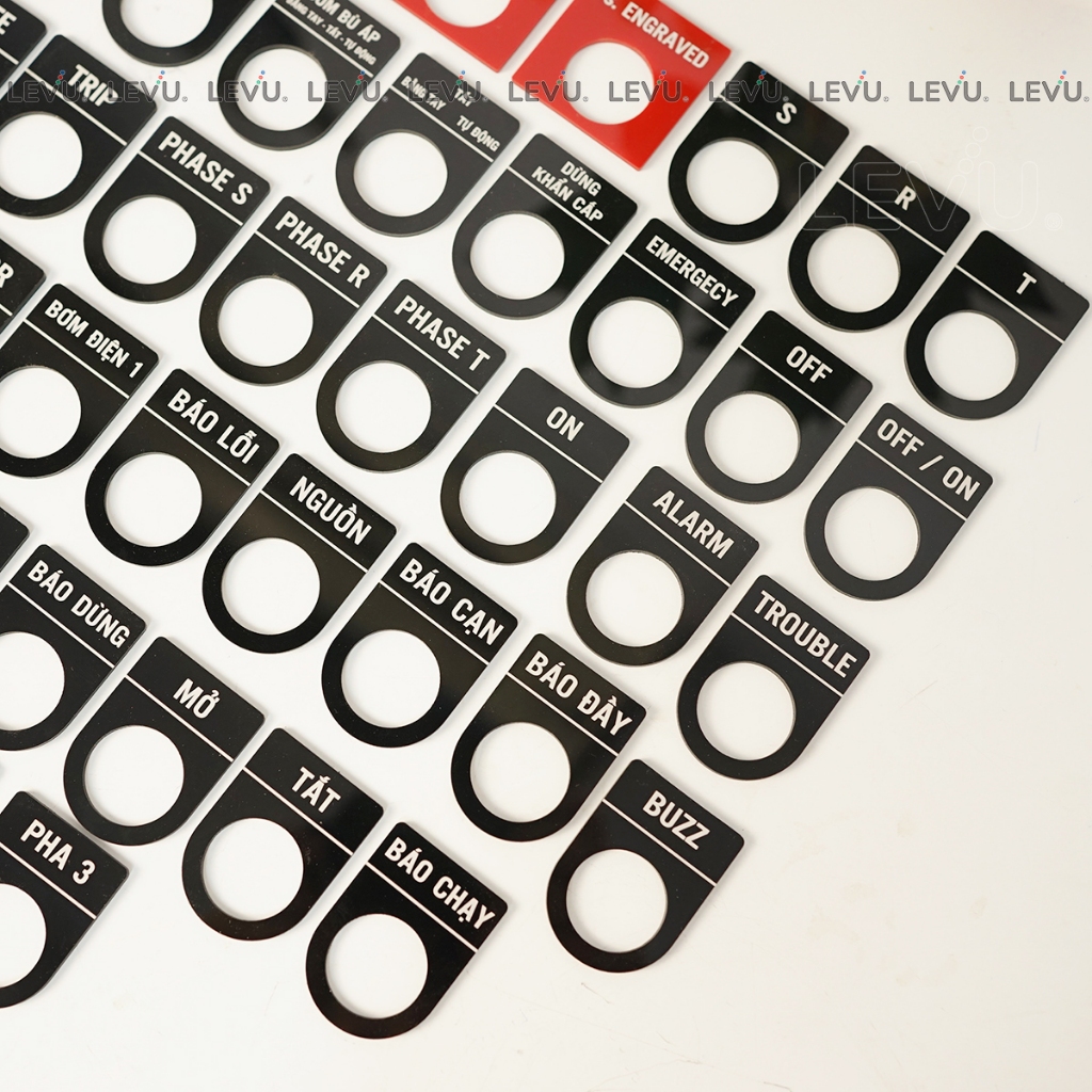 Thẻ ghi tên nút ấn treo đèn báo tủ điện phi 22mm nameplate mica khắc laser cao cấp