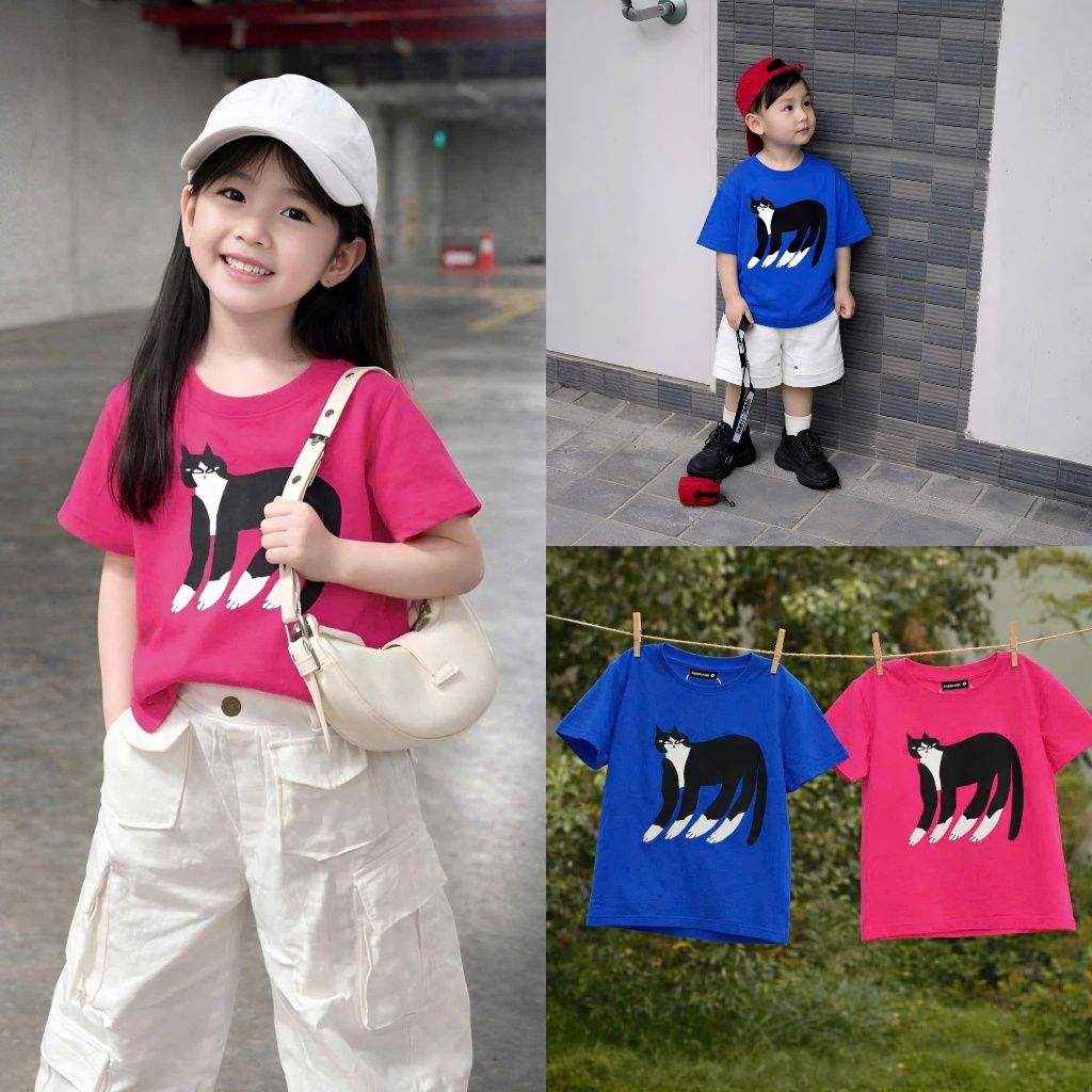 Áo Thun Trẻ Em Mirage Họa Tiết Mèo Đen 3D Hoạt Hình Dễ Thương Chất 100% Cotton Cao Cấp.