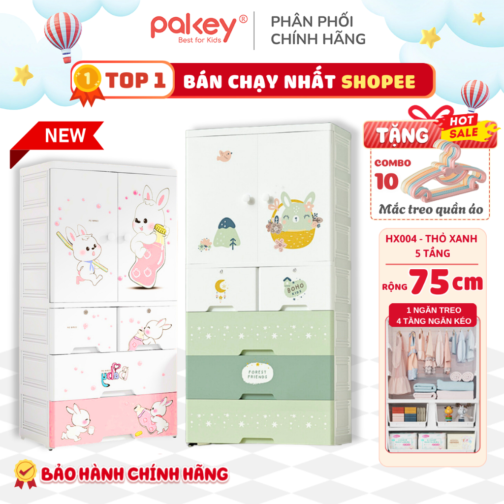 [TẶNG 10 MÓC] Tủ Để Đồ Có Ngăn Treo Chính Hãng PAKEY Rộng 75CM, Tủ Nhựa Cho Bé Dày Dặn Có Bánh Xe Di Chuyển Tiện Lợi