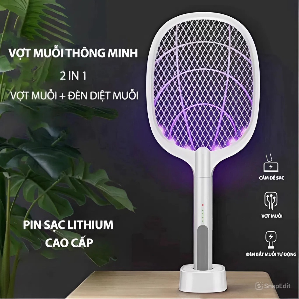 Vợt Muỗi Tích Điện Diệt Côn Trùng Nhanh Có Đèn UV Thu Hút Lưới 3 Lớp An Toàn Sạc Tiện Lợi